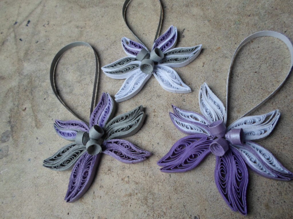 Christmas tree ornaments Purple White Gray Trendy Modern Paper decorations Quilling art Holidays