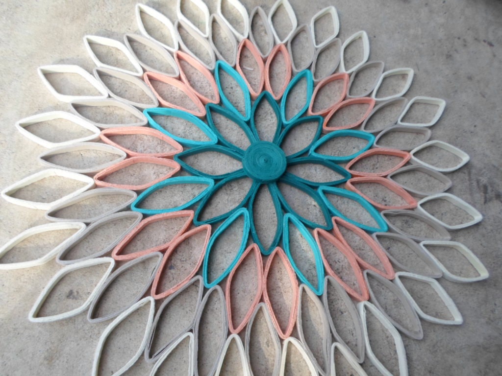 Handmade Dahlia Paper Wall Art: Teal, Coral, & Gray Ombré