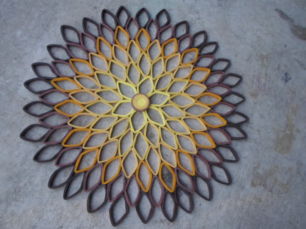 Handmade Paper Dahlia Wall Art: Yellow Mustard Brown, 19-inch Round Decor