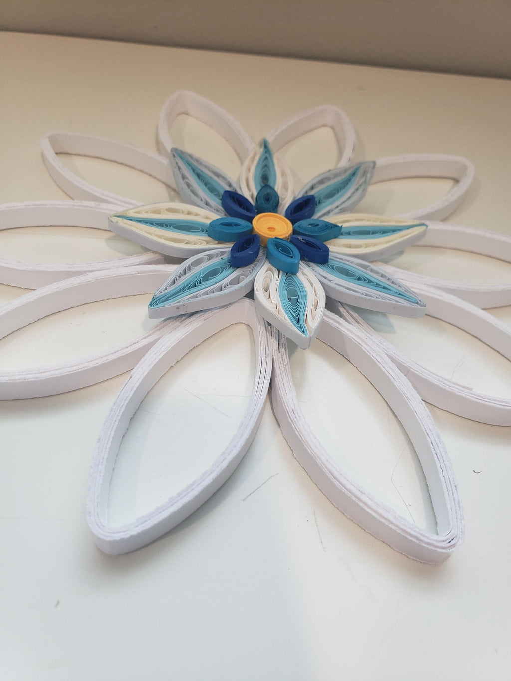 Handmade wall hanging Small white - blue  wall decoration Paper flower artwork
