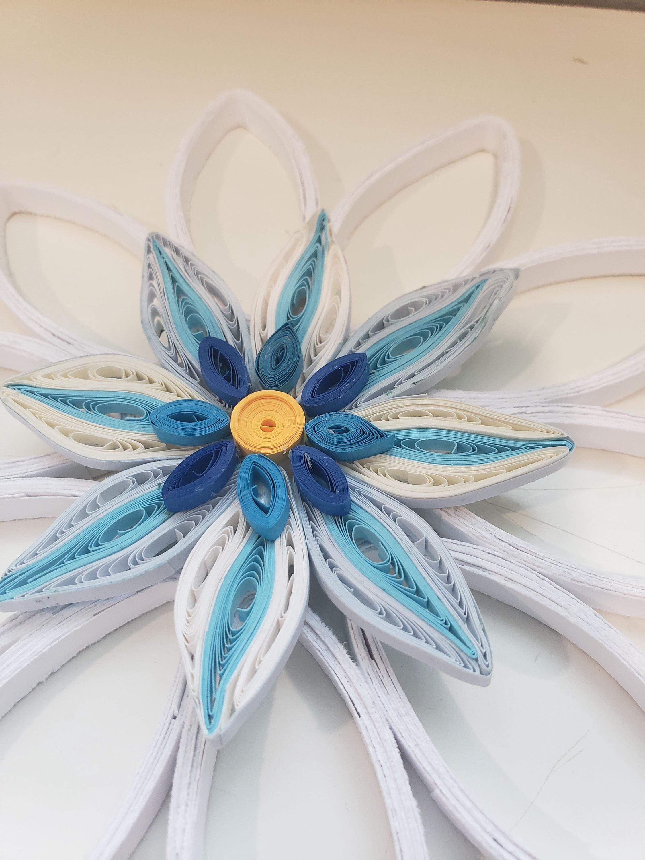 Handmade wall hanging Small white - blue  wall decoration Paper flower artwork