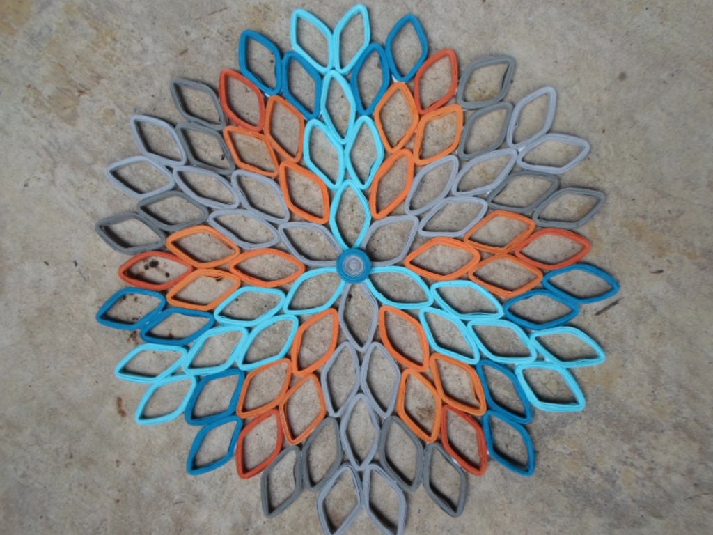 Paper Dahlia Wall Art: Blue, Gray & Orange Geometric Flower Decor
