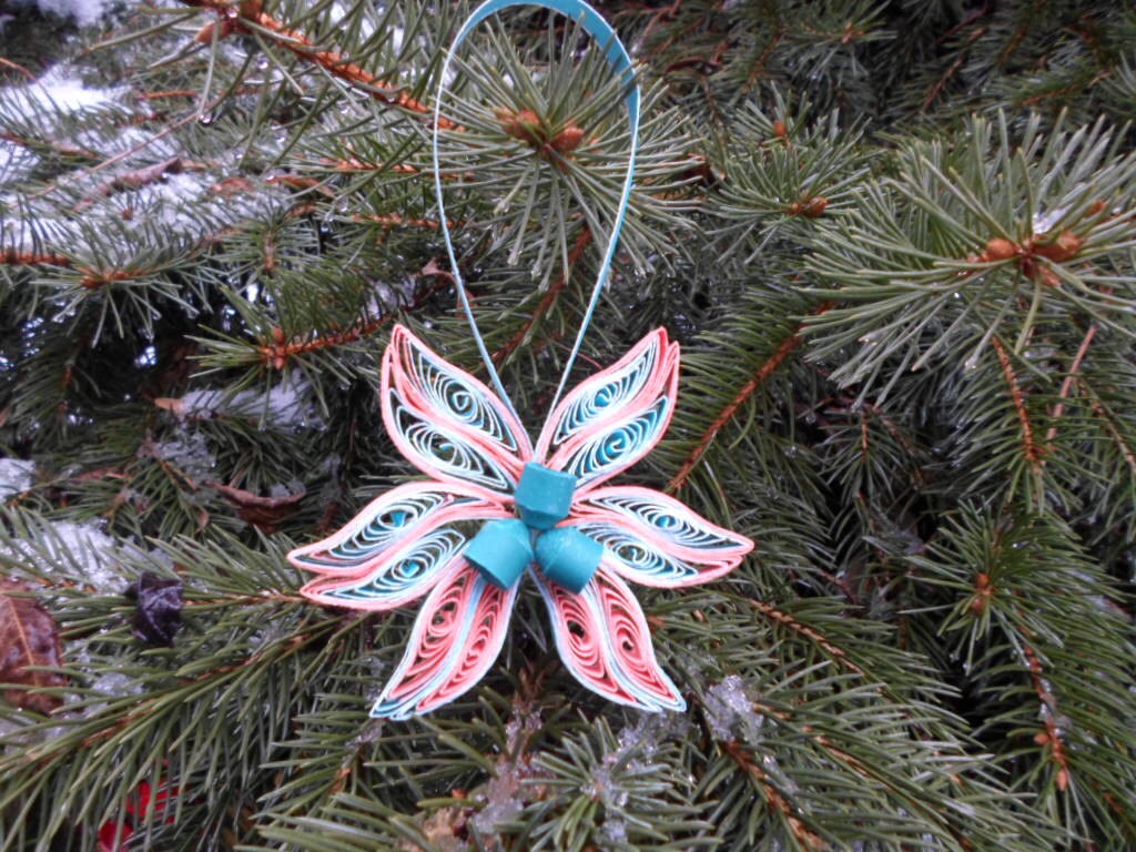 Teal & Coral Quilled Christmas Ornament: Paper Flower Decoration