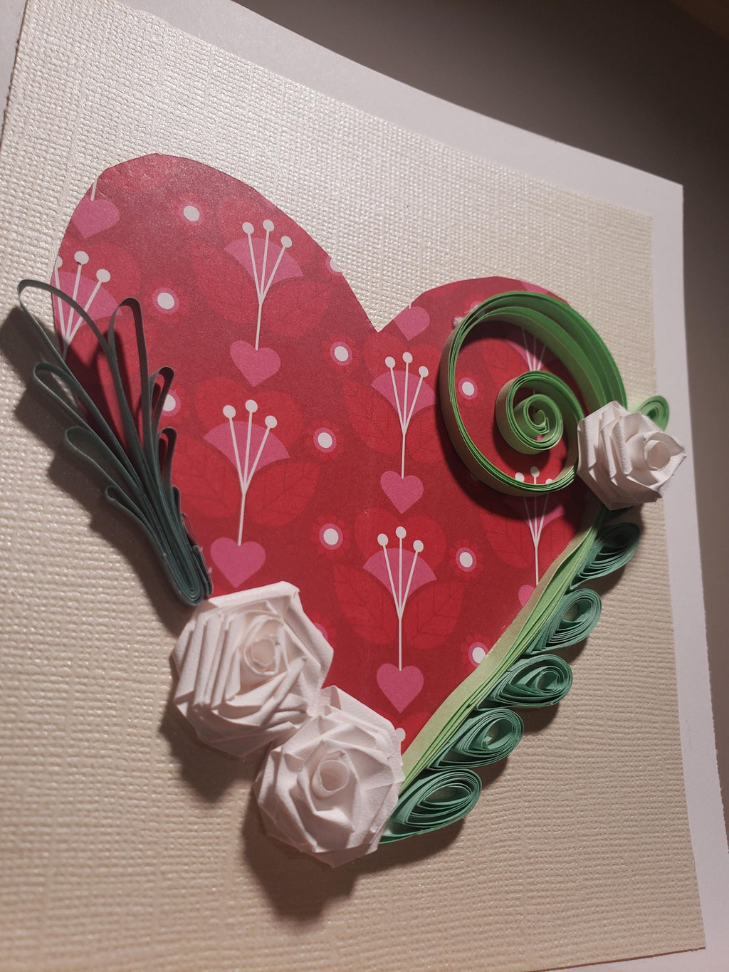 Handmade Quilled Valentine's Card: Heart & White Roses