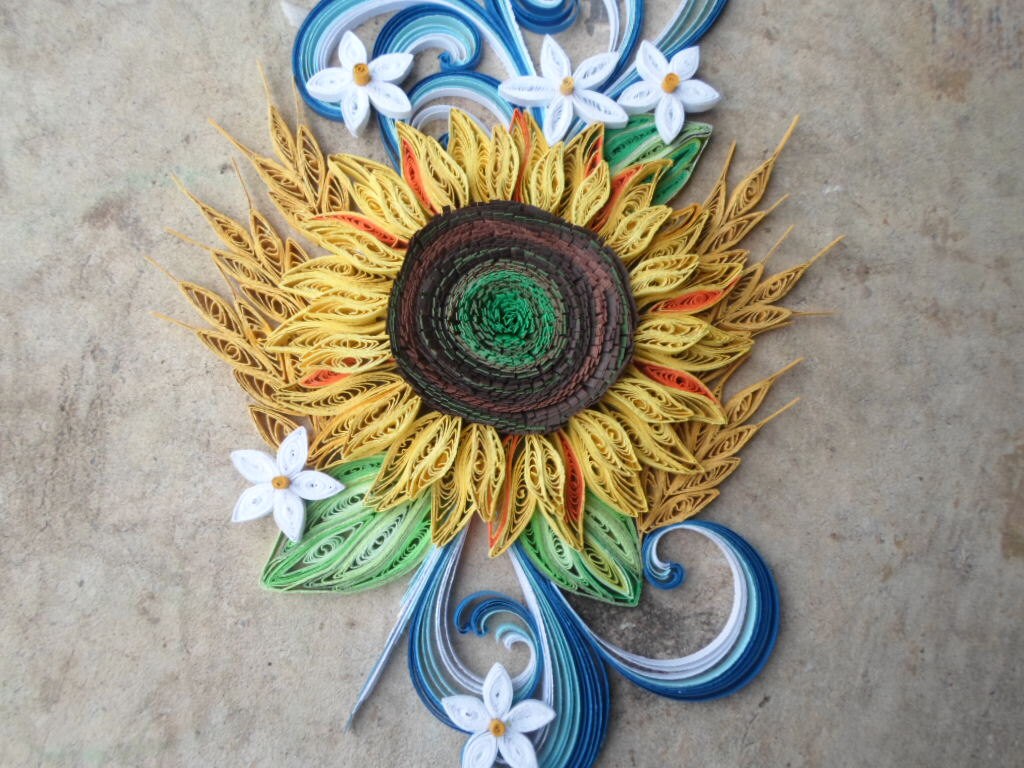 Quilled Sunflower Wall Art: Blue & Yellow Paper Flower Decor