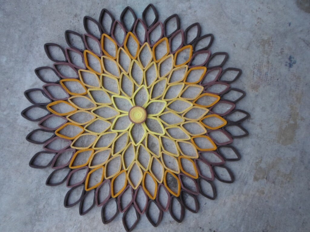 Handmade Paper Dahlia Wall Art: Yellow Mustard Brown, 19-inch Round Decor