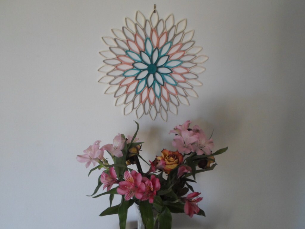 Handmade Dahlia Paper Wall Art: Teal, Coral, & Gray Ombré