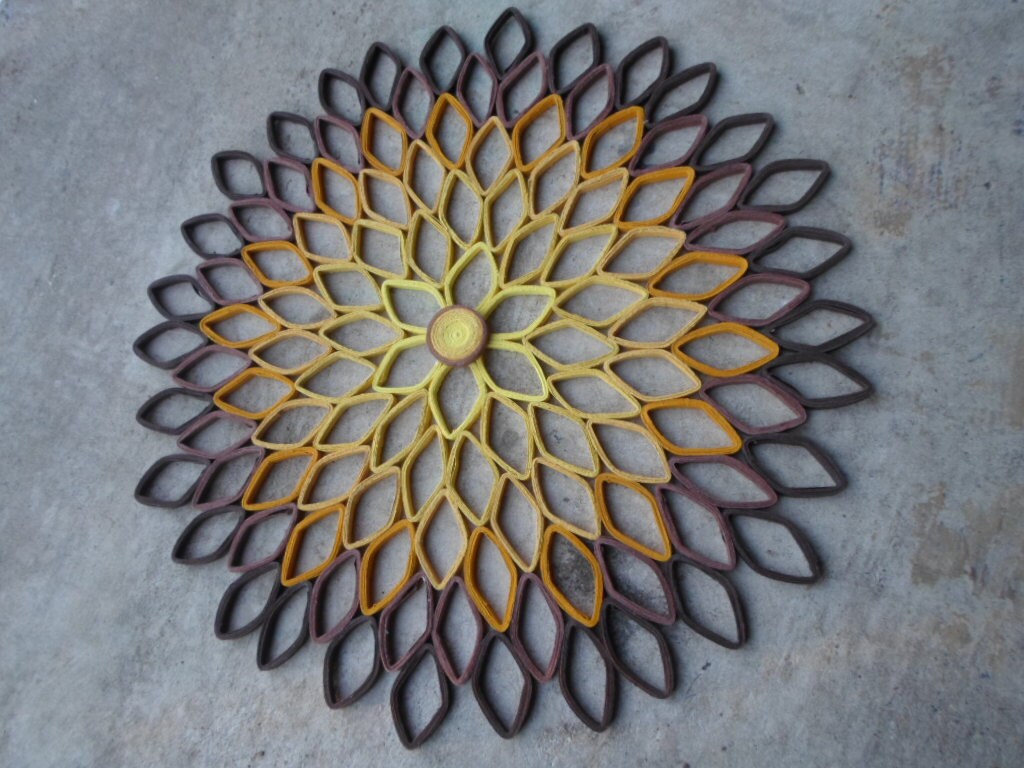 Handmade Paper Dahlia Wall Art: Yellow Mustard Brown, 19-inch Round Decor