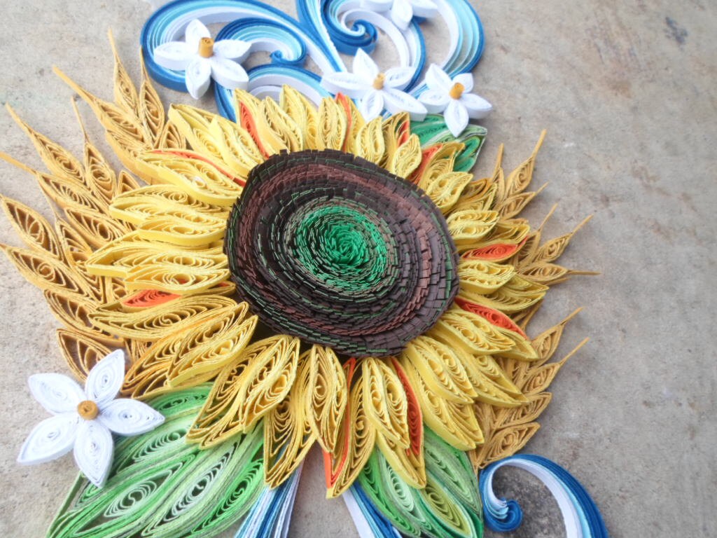 Quilled Sunflower Wall Art: Blue & Yellow Paper Flower Decor