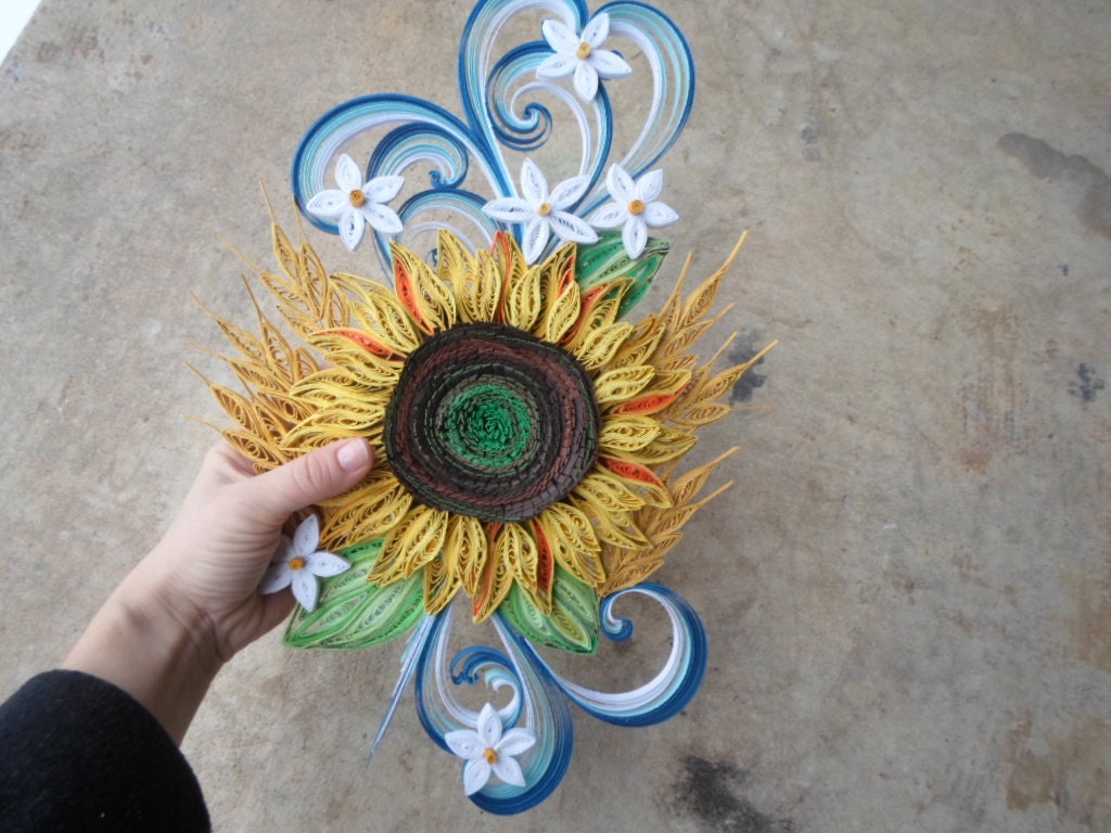 Quilled Sunflower Wall Art: Blue & Yellow Paper Flower Decor