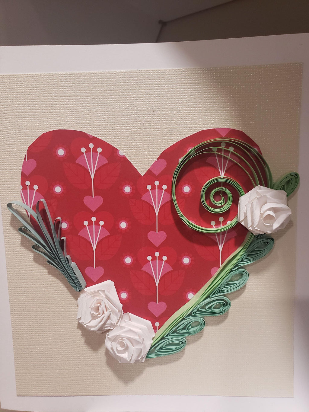 Handmade Quilled Valentine's Card: Heart & White Roses