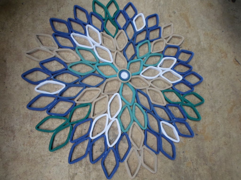 Handmade Dahlia Paper Wall Art: Navy, Teal, and Beige