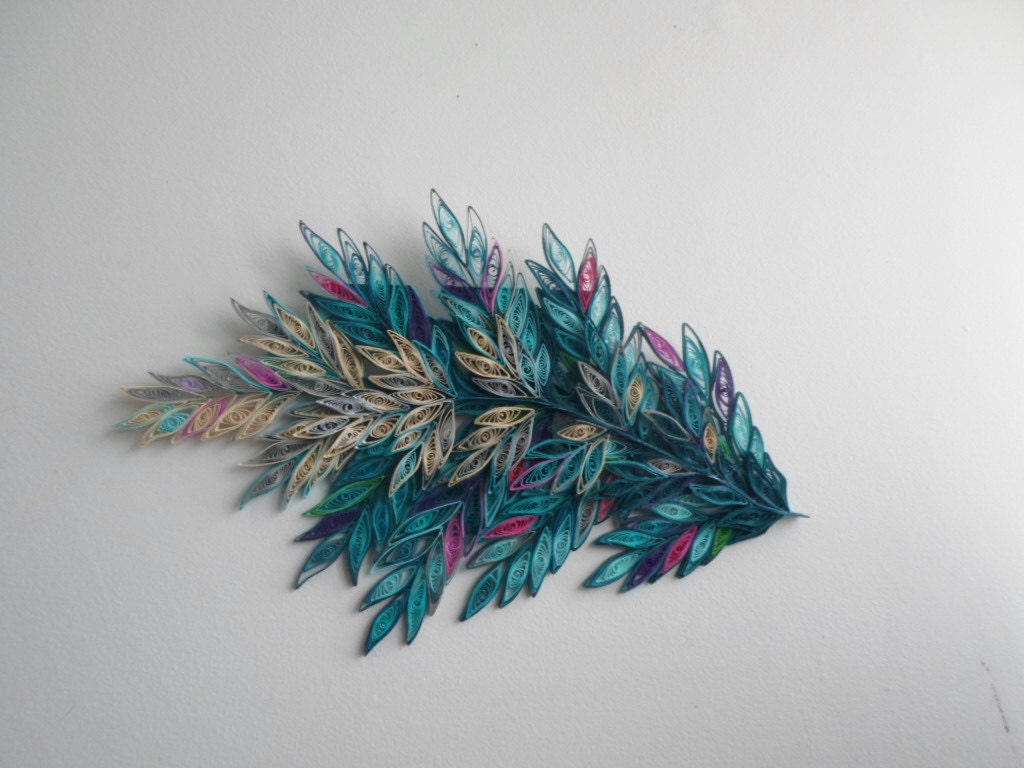 Teal & Silver Quilled Paper Branch Wall Art: 24x13 Inch