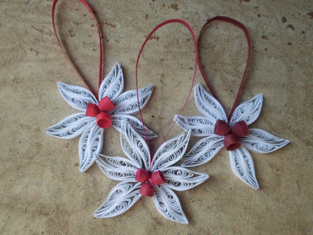 White Christmas tree ornaments Paper decorations Holiday White red flowers