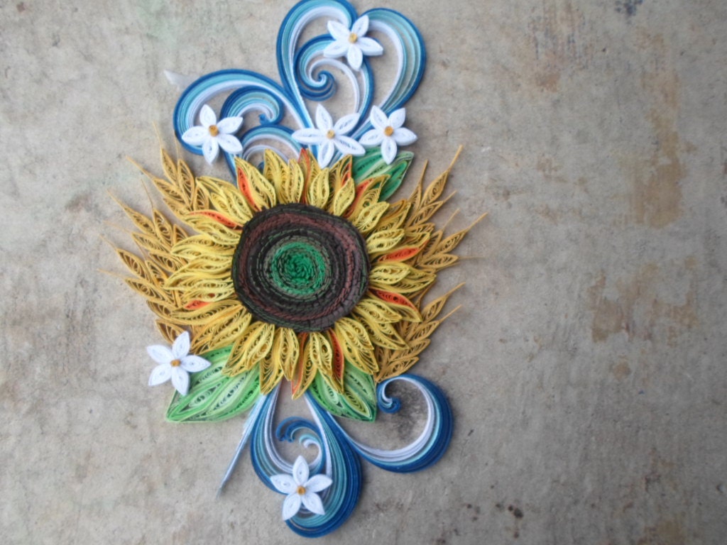 Quilled Sunflower Wall Art: Blue & Yellow Paper Flower Decor