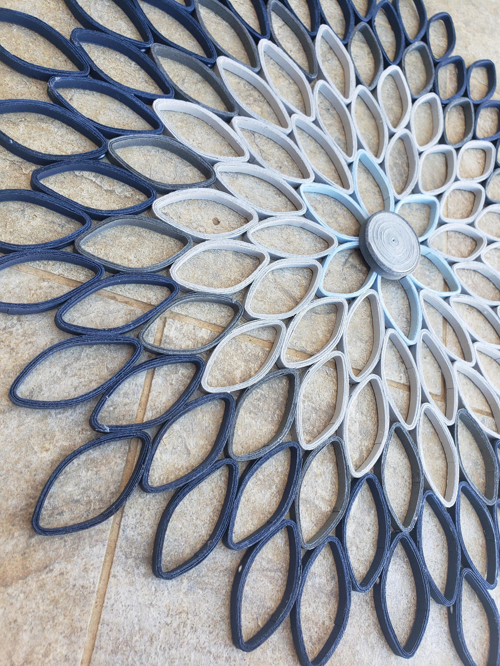 Navy Blue and Gray Large Wall Hanging Round Geometrical Petals Living Room Decor