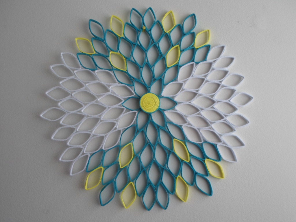Dahlia Paper Flower Wall Art: White, Turquoise & Yellow Ombré