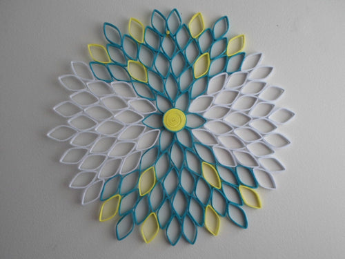 Dahlia Paper Flower Wall Art: White, Turquoise & Yellow Ombré