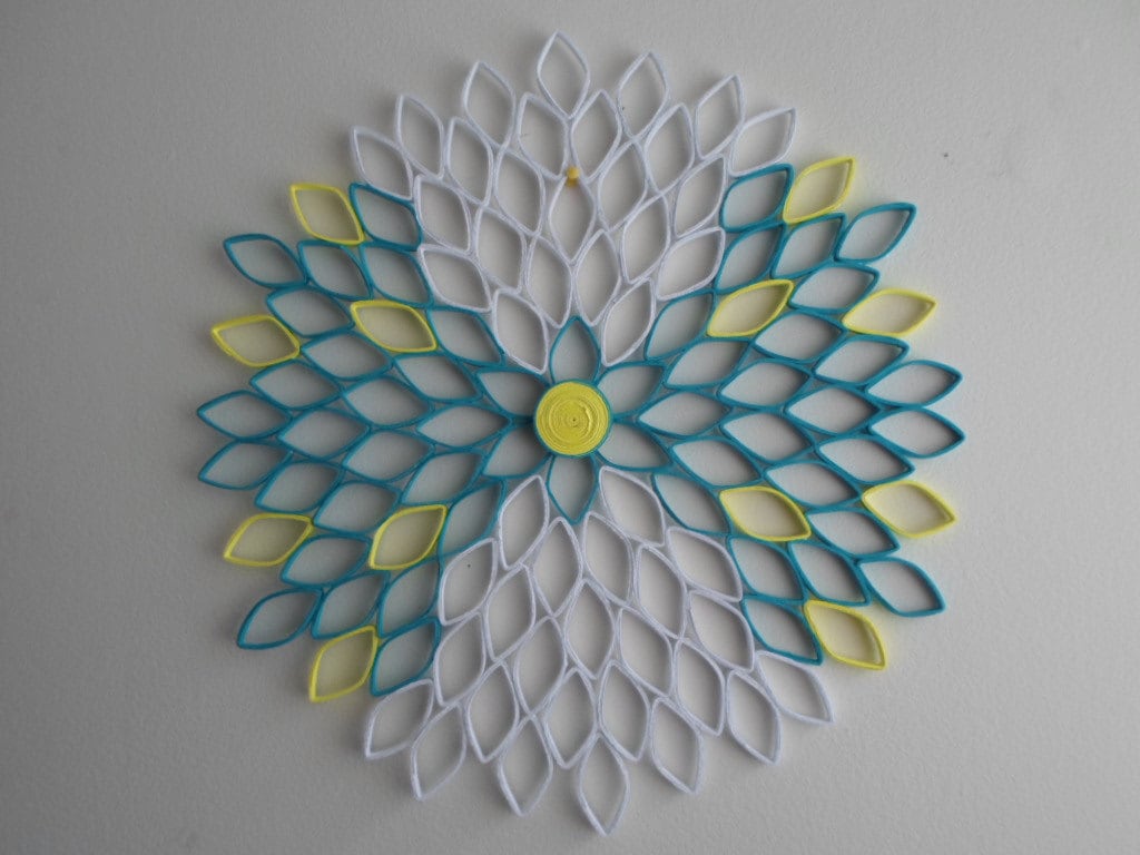 Dahlia Paper Flower Wall Art: White, Turquoise & Yellow Ombré
