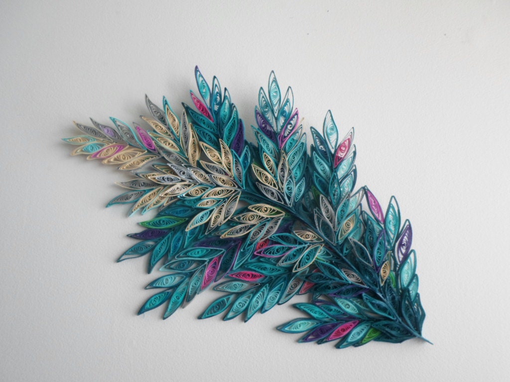 Teal & Silver Quilled Paper Branch Wall Art: 24x13 Inch