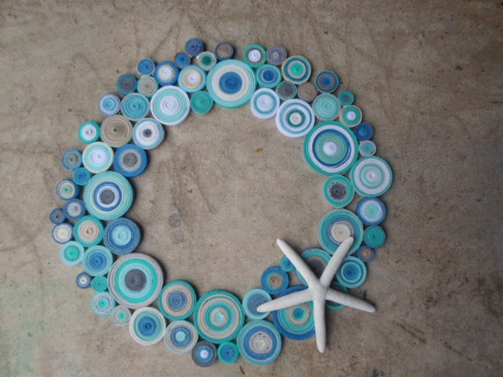 Paper wreath in beach colors Round bathroom wall hanging Beach home decor Starfish