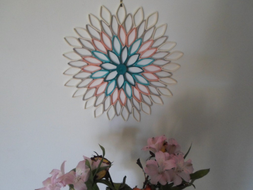 Handmade Dahlia Paper Wall Art: Teal, Coral, & Gray Ombré